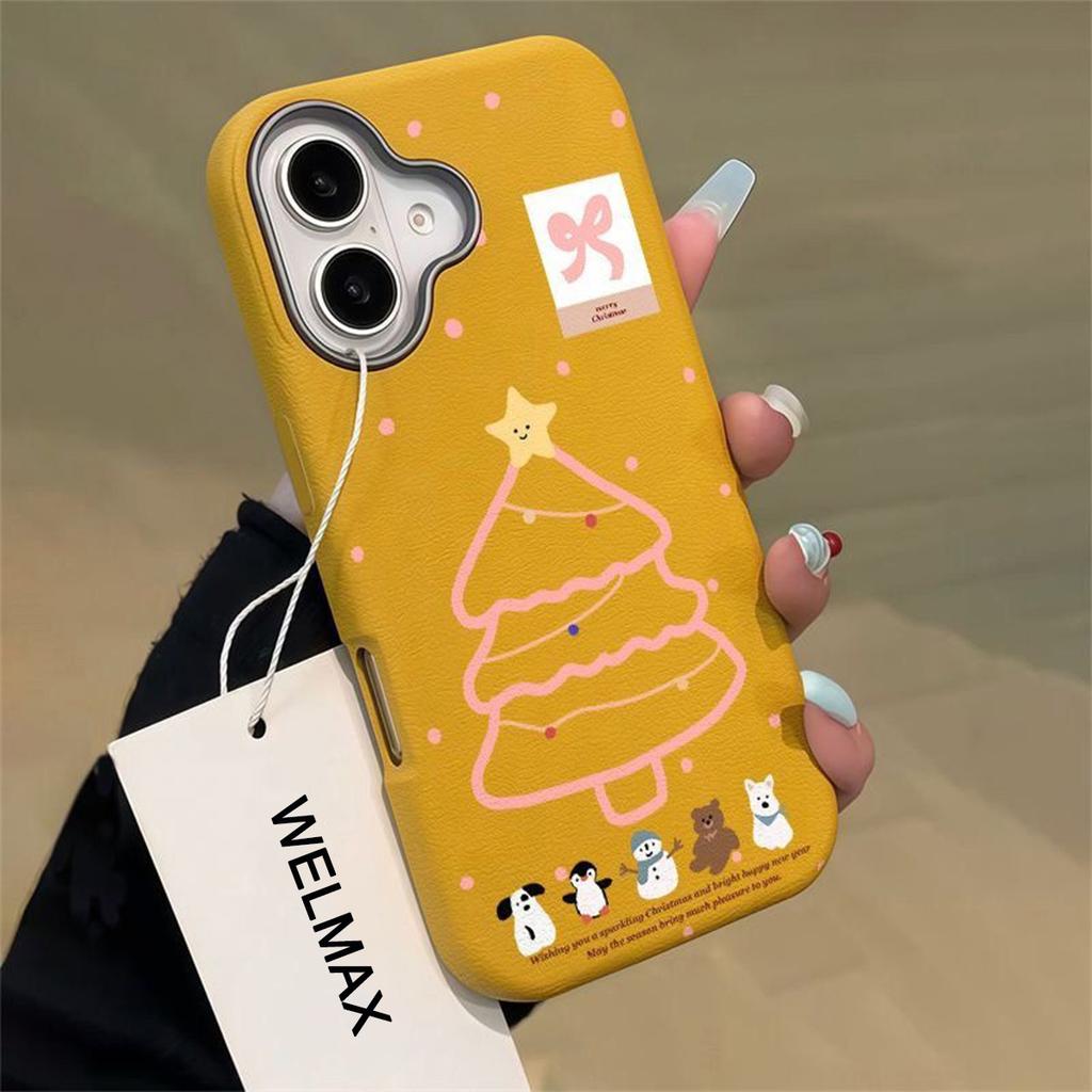 Cartoon Tier Weihnachtsbaum Handyhülle für IPhone Handyhülle mit Schlüsselbandloch Ledertextur Stoßfeste Hülle Schutzhülle