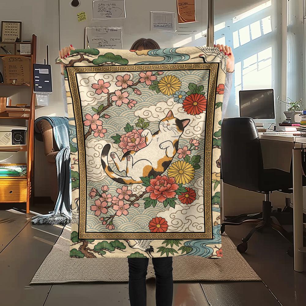 Cat Flower Print Flannel Blanket, High quality Comfortable for All Seasons, Home Decor, Warmth and Comfort, Perfect for Christmas Gifts43
