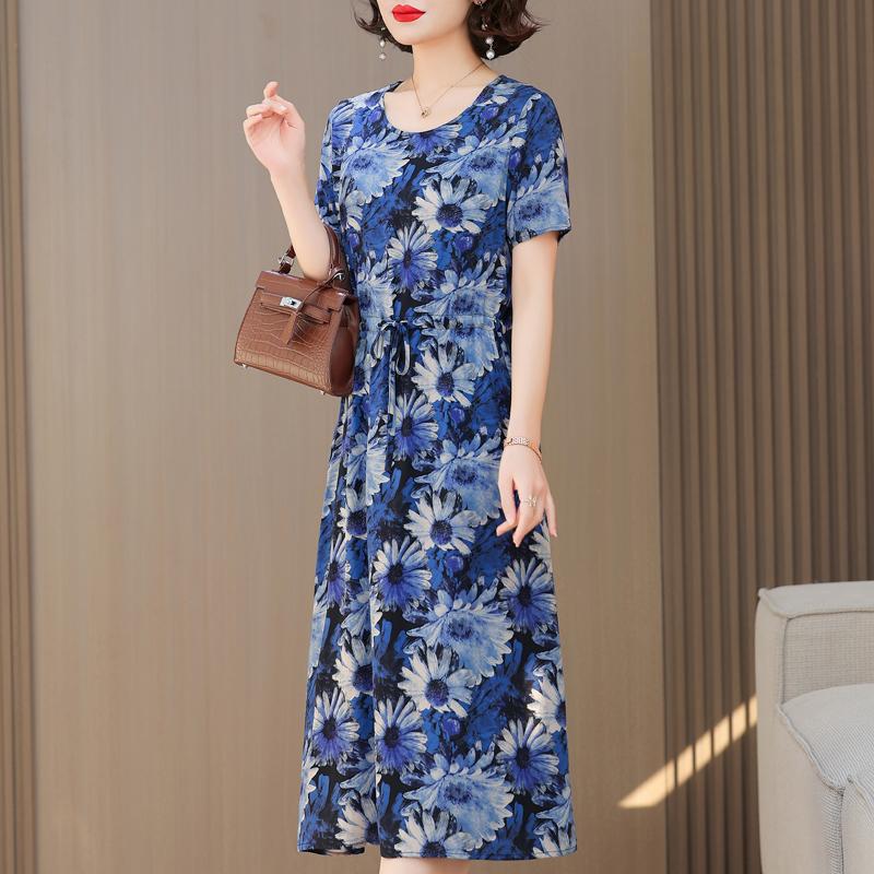 Grote Maten Casual Zomer Damesjurken Elegant Slank Korte Mouw Vintage Print Lange Jurk Dames Zomerkleding