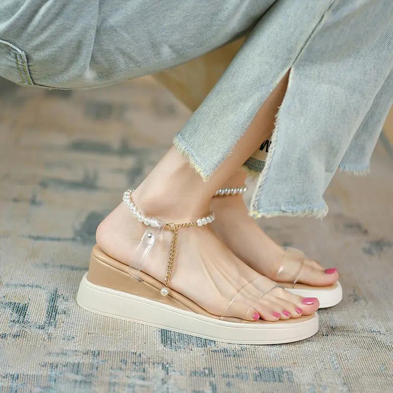 Fashion Pearl Platform Low Price Woman Shoes on Offer 2025 Trend Sandals for Women Anti Slip Hot Korea Luxury Summer Sale Offers Shoe
