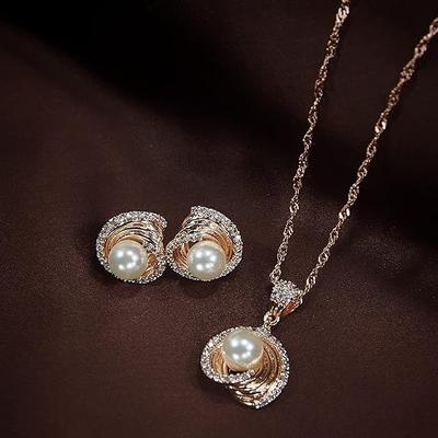 Rose Gold Plated Glittering Cubic Zirconia Designer Chain Pendent Necklace Jewellery Set with Pearl Drop Earring for Women & Girls