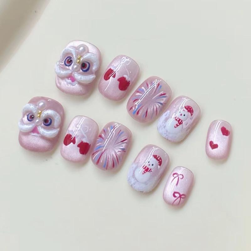 Red Lion Fireworks Cat Eye Short Nails - Pure Handmade, Cute New Year Design Large