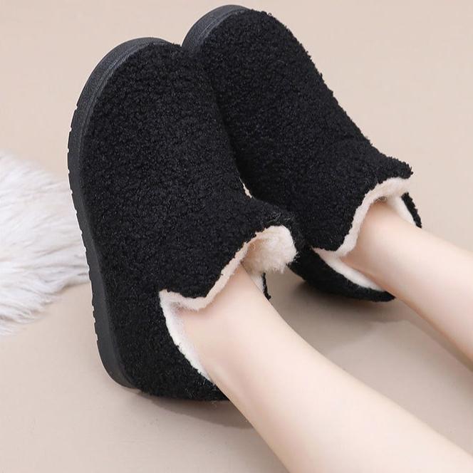 Winter Neue Baumwollschuhe mit Warmhaltefunktion Dicke Sohlen Rutschfest Weiche Sohle Baumwollstiefel für den Außenbereich Plüsch Schwarz Schneestiefel