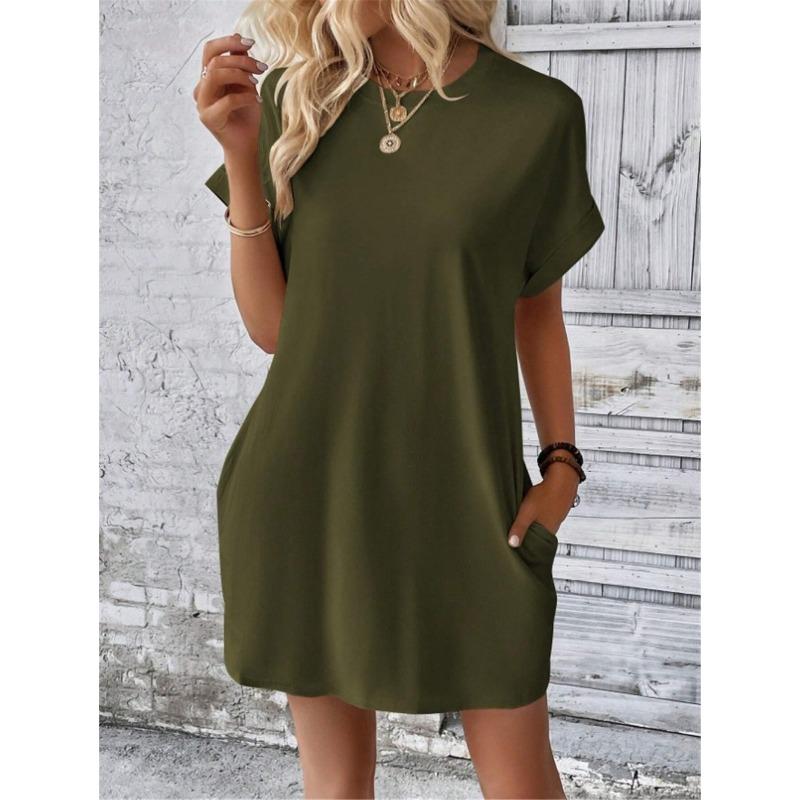 Women Casual Solid Color Round Neck Bat Sleeve Invisible Pocket Loose Short Sleeved Dress