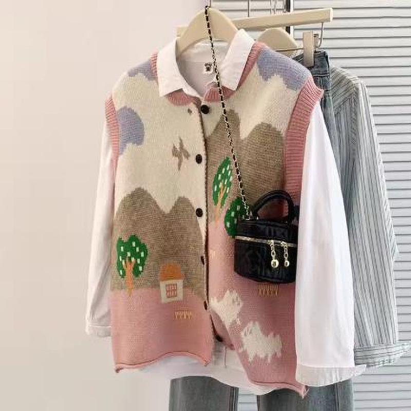 Autumn Winter Jacquard Knit Cardigan Vest Women Oversized Sleeveless Sweater Coat