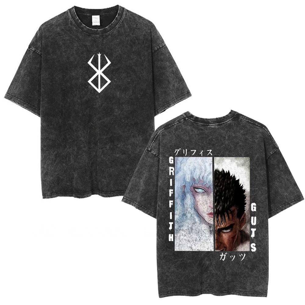 Japanese Anime Berserk Guts Vintage Washed T Shirt Griffith Swordsman Gatsu Sacrifice Zodd T-shirts Unisex Cotton Casual T-Shirt