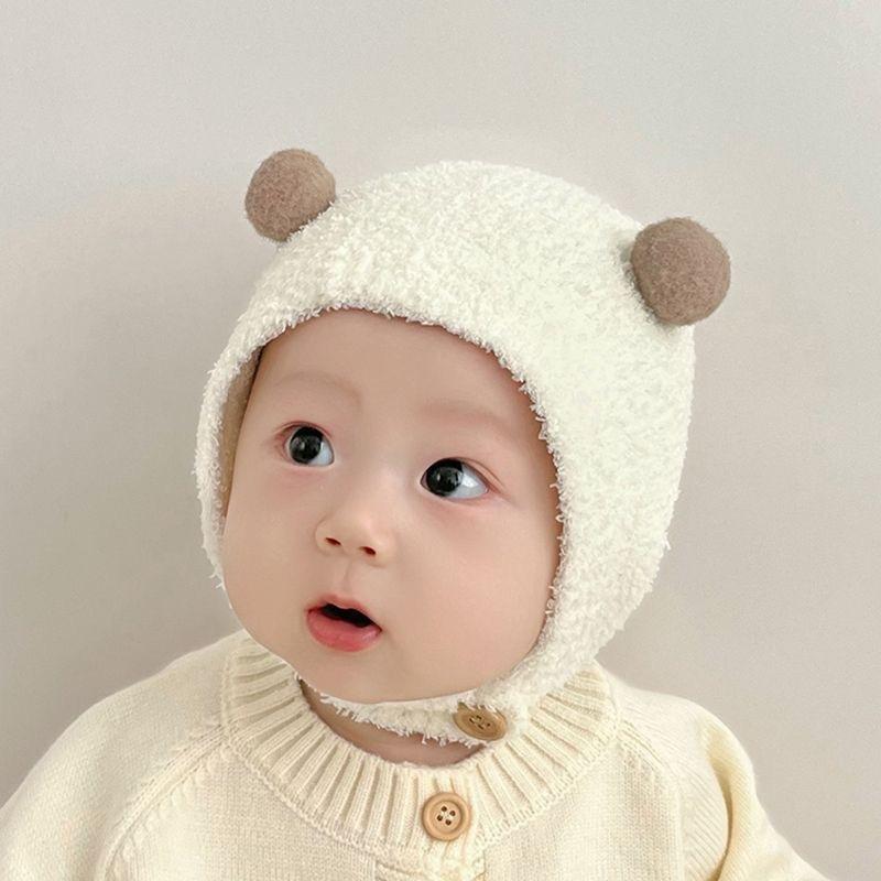 Super cute baby autumn and winter new children's thermal hat cute double ball hat warm ear protector knitted wool hat