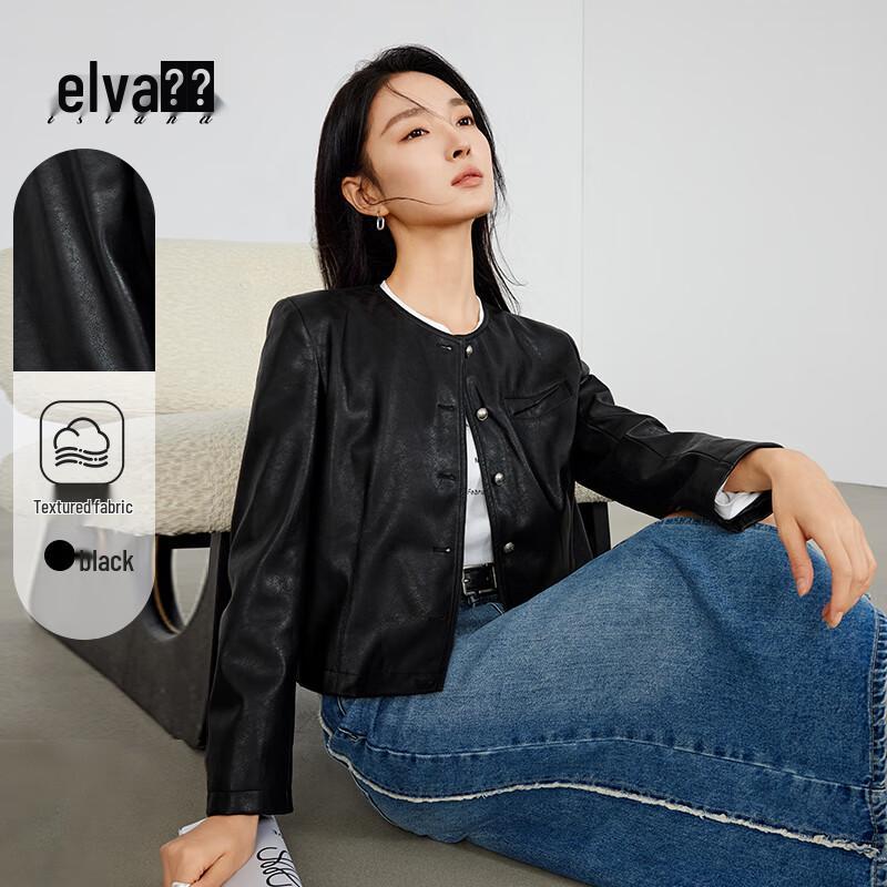 

Elva Island Women s Round Neck Faux Leather Jacket L