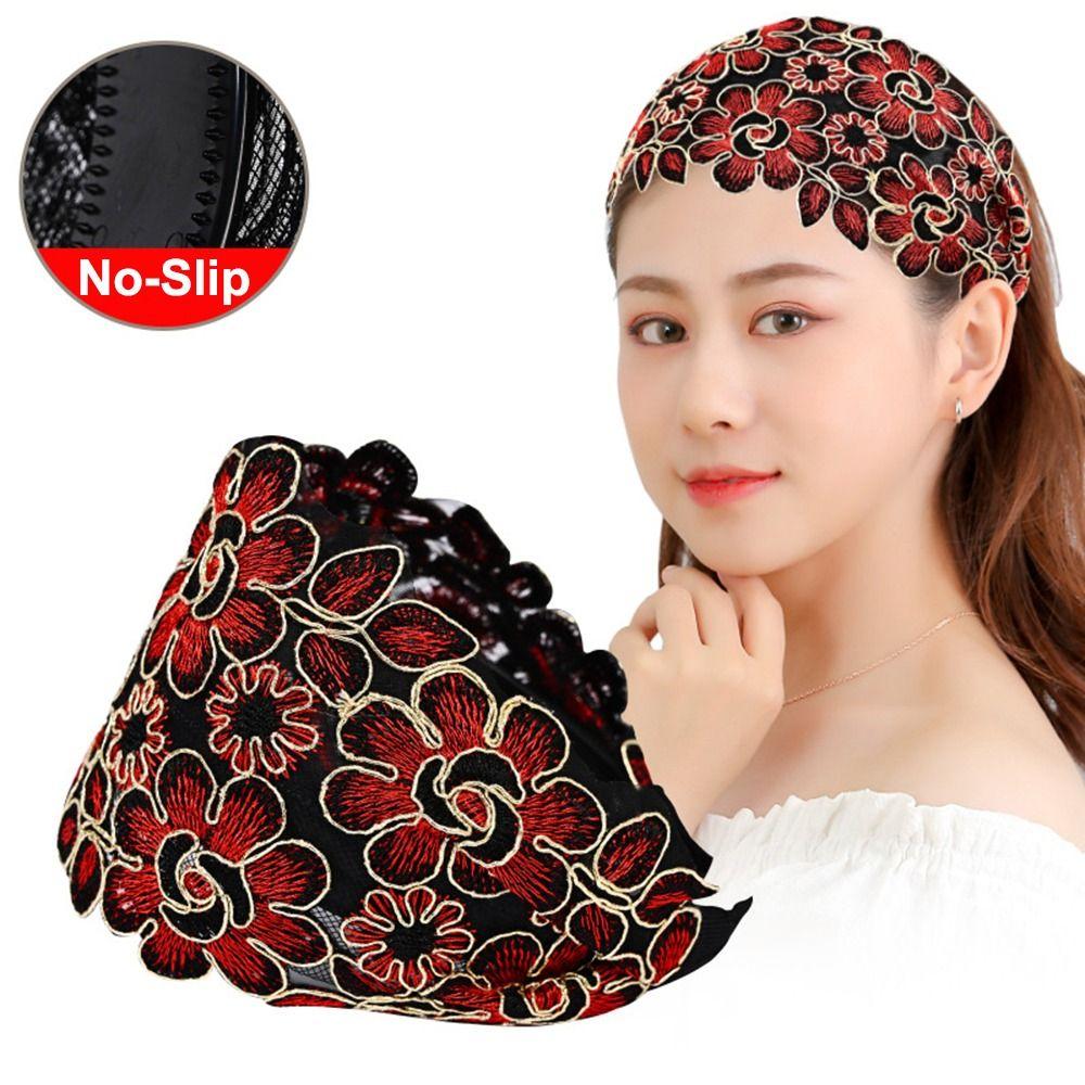 Ins Wide Side Lace Mesh Hair Band Flowers Elastic Women Lace Hairbands Non Slip Hollow Pattern Hair Hoop Hair Accessories
