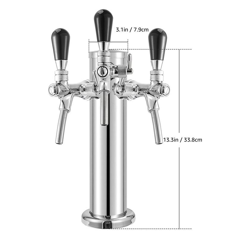Věž na čepované pivo, 3 výčepní kohouty Kegerator Pivo věž, 3'' Stříbrný sloup 3-cestný výčepní dávkovač s knoflíkem pro nastavení průtoku, Barové příslušenství