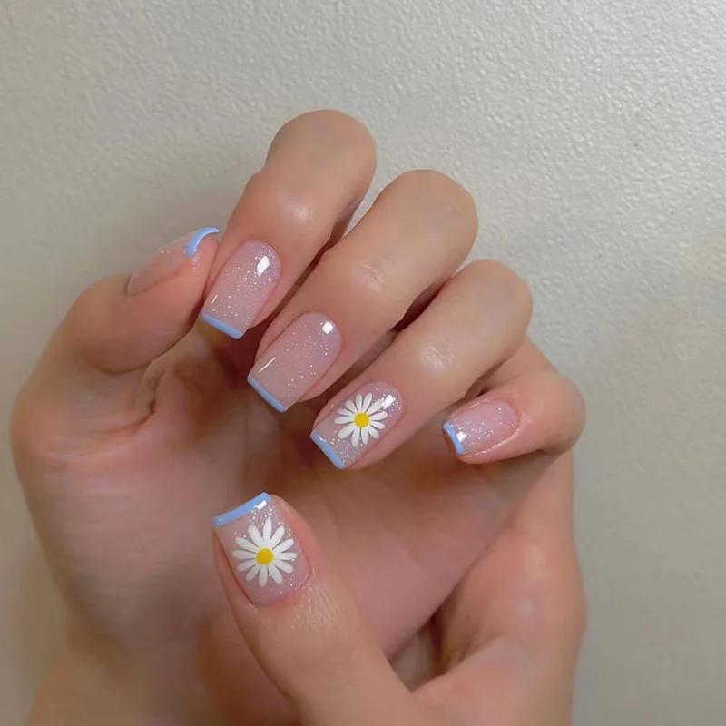 24Pcs Pink Sweet Short Fake Nails Pure White French Acrylic Press On False Nails Removable Nail Art Tips