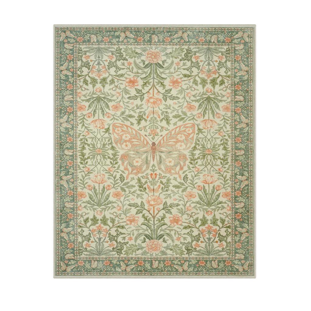 Tappeto Rosa Floreale con Farfalle Vintage Estetica Floreale Gotico Riccamente Decorato Arredamento Casa Tappeto Soggiorno Antiscivolo Lavabile Tappetino Boho per Pavimento