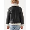 Kids Boys and Girls Autumn and Winter Fleece PU Leather Turn-down Collar Solid Color Zip Jacket