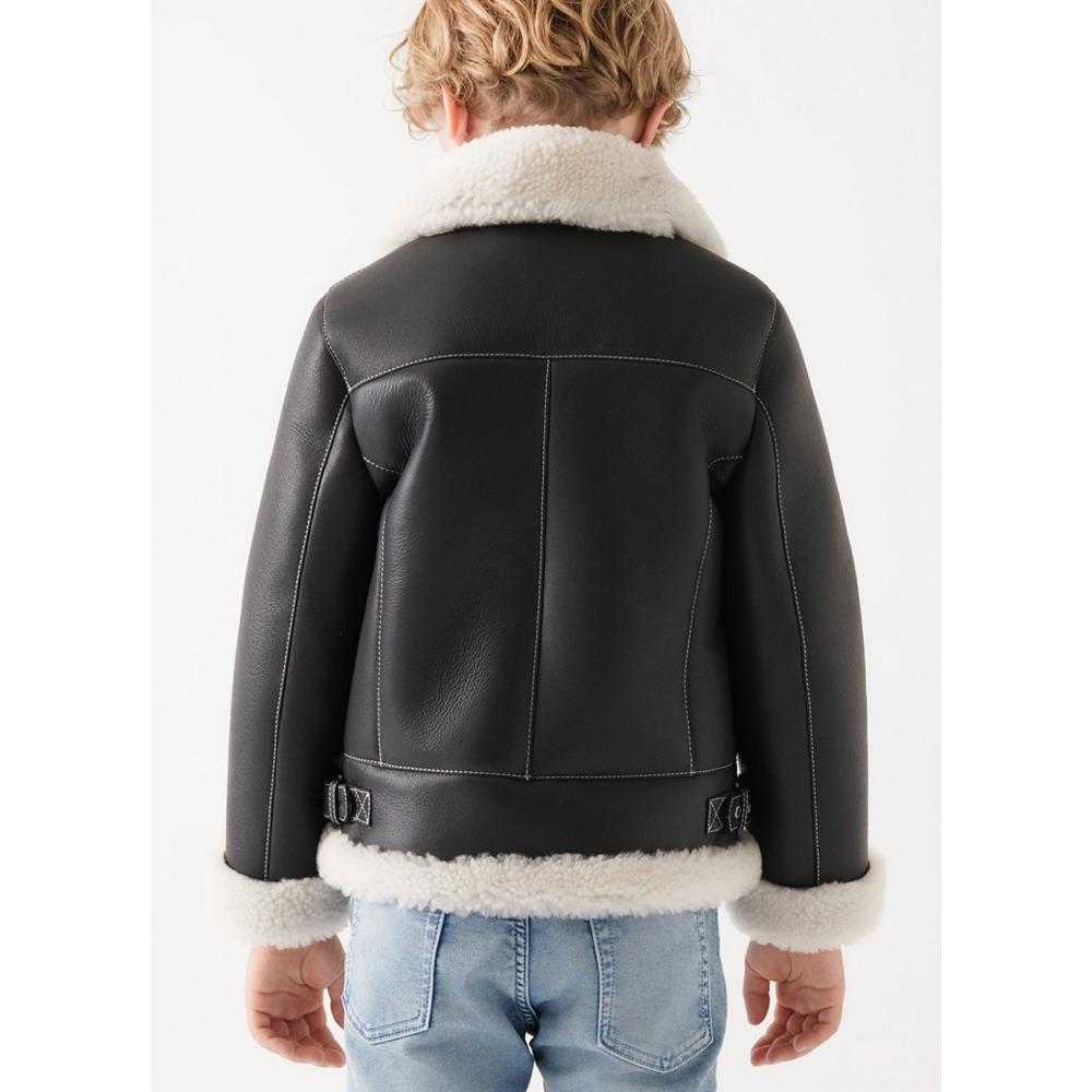 Kids Boys and Girls Autumn and Winter Fleece PU Leather Turn-down Collar Solid Color Zip Jacket