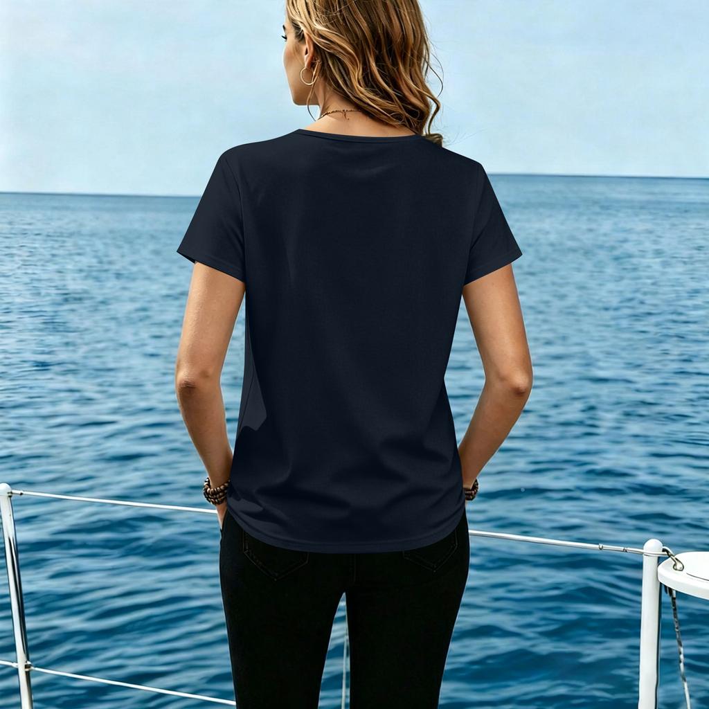 Women Casual Round Neck Short Sleeve T Shirt Button Down Front Relaxed Fit Lightweight Top for Everyday Wear