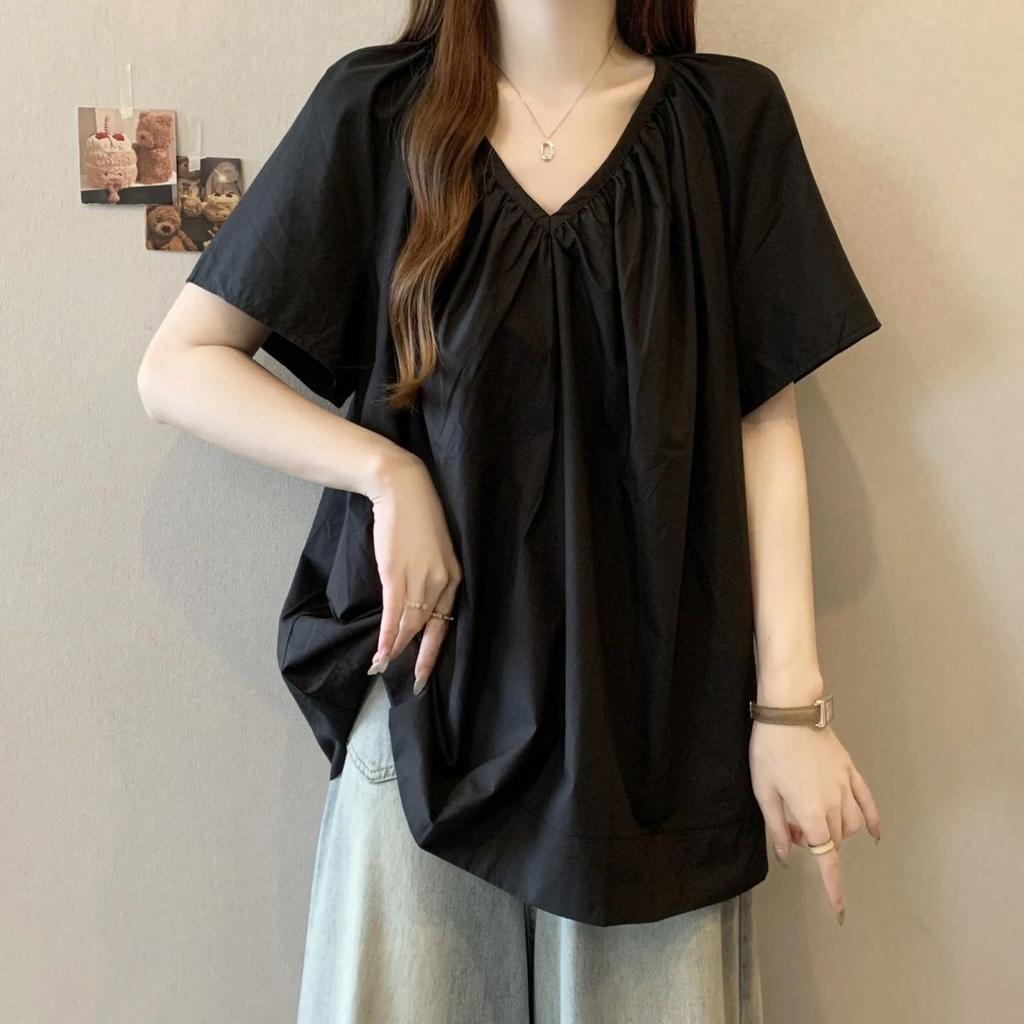 Large size design V-neck front shoulder short-sleeved T-shirt for women's summer new fat mm versatile loose and thin meat-covering top for women