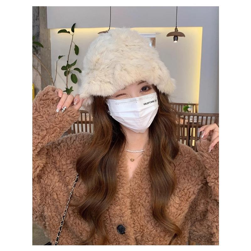 Women S Winter Warm Fluffy Rabbit Fur Blend Knit Bucket Hat