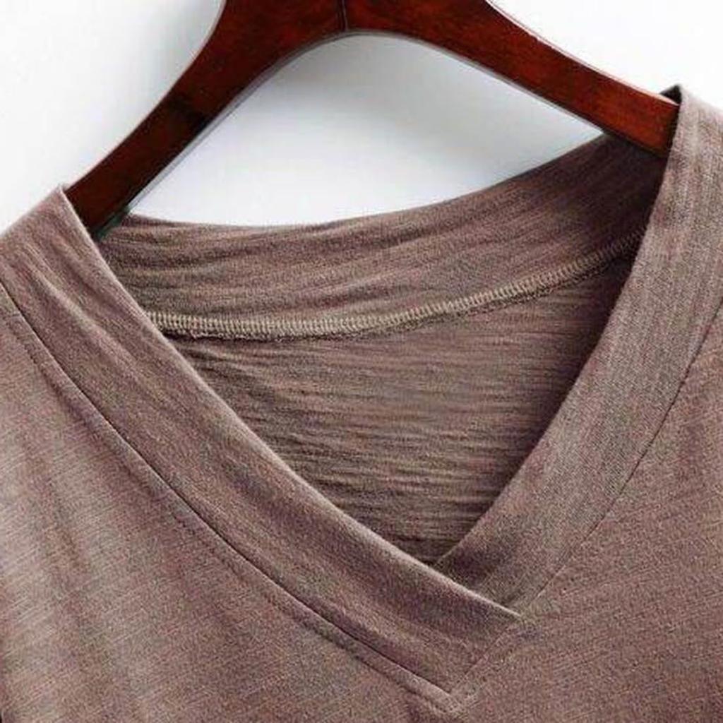 Long Sleeve Solid Plus Sizes [ODFMCE] Women's T-Shirt, Autumn, V-Neck, Cotton, Color, Stylish, (JP, Alphabet, M, Brown)