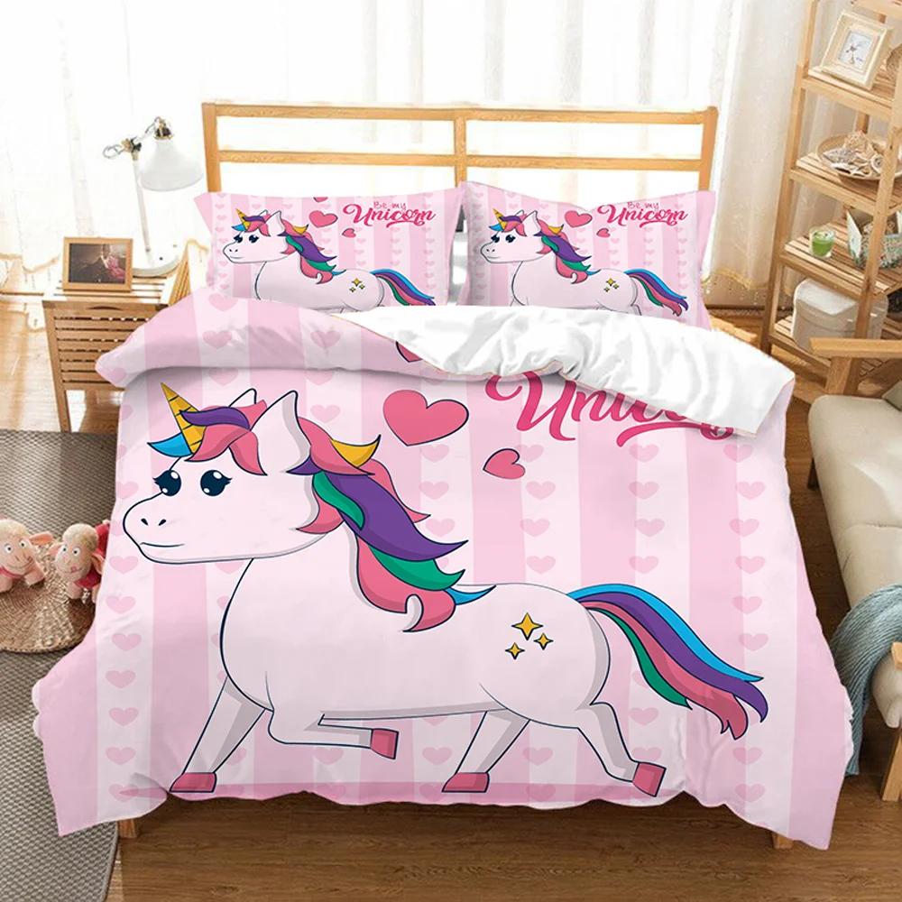 Unicorn Kids Girls Pink 3D Bedding Set Duvet Cover Sale Cartoon Bedcllothes Animal Printed Queen King Size Home Duvet Covers