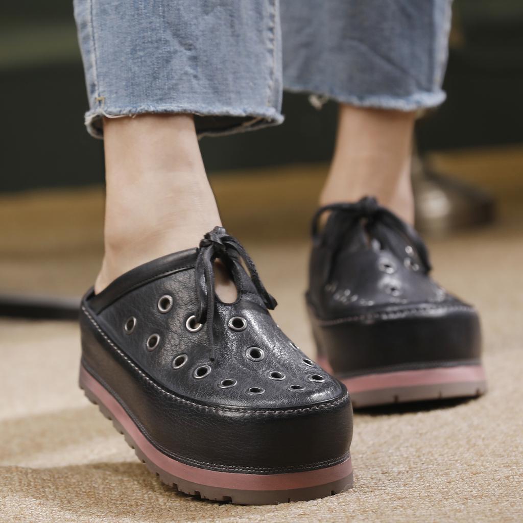Johnature Hollowed Out Thick Soled Outdoor Fashionable Slippers Genuine Leather Round Toe Women's Slip-on Shoes