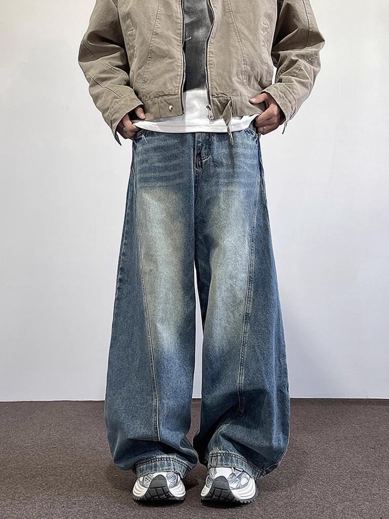 American High Street Wide-leg Jeans Men's Trendy Brand Deconstruction Washed Loose Casual Mopping Versatile Couple Trousers