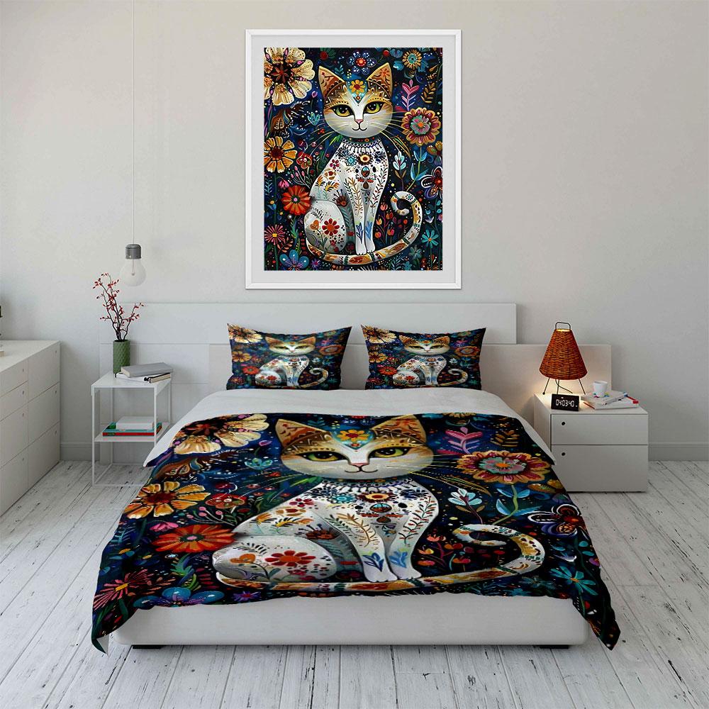 Decorative cat and flowers. Bedding sets Duvet cover sets Duvet covers Pillowcases(1 * Duvet Cover 2 * Pillowcases without duvet insert)