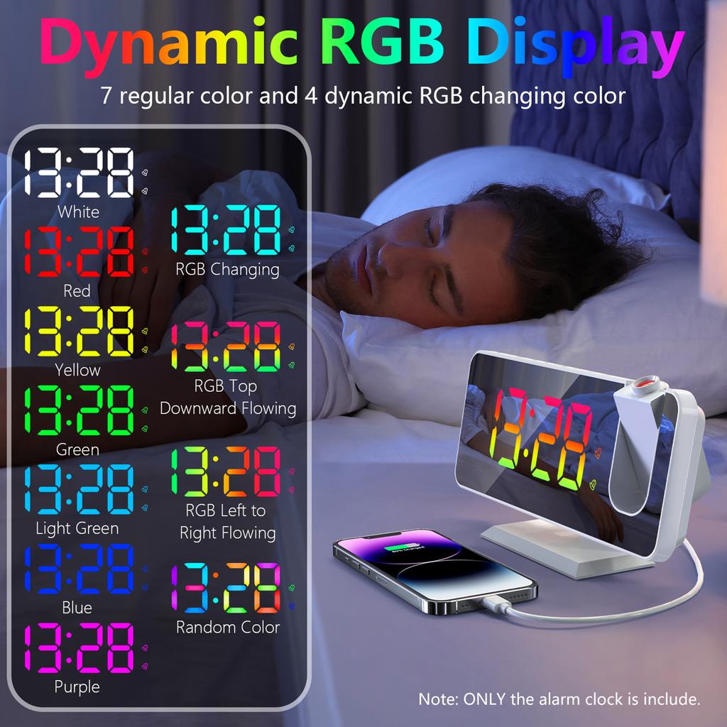 Digital 180 degrees Projection Alarm Clock with Dynamic RGB Light Brightness Snooze Dual Alarm Setting USB Port Mirror Clock for Be