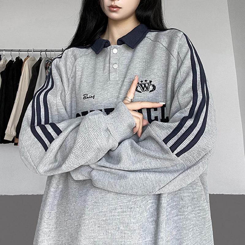 

2025 Новый Поло-Свитшот со Структурированным Плечом Винтажный Колледж Оверсайз Полосатый Пальто Пэчворк Верх Отворот 2XL