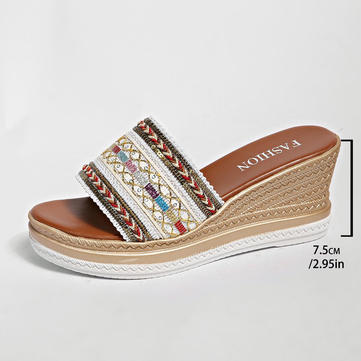 

Wedge heel slippers women s large size bohemian style one-word high heel sandals Wedge heel thick sole light and comfortable sandals 43