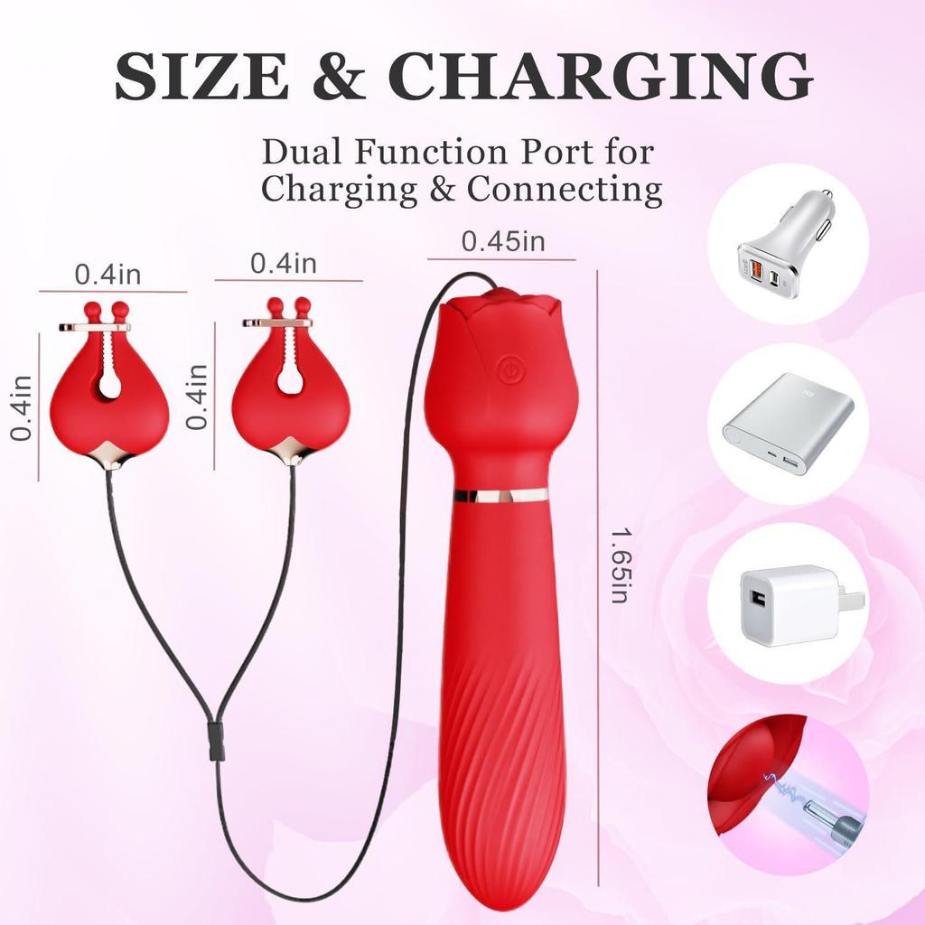 Heart-Shaped Nipple Clamps & Rose Vibrator Massager: Insertable Breast Stimulator & Masturbator Adult Toy