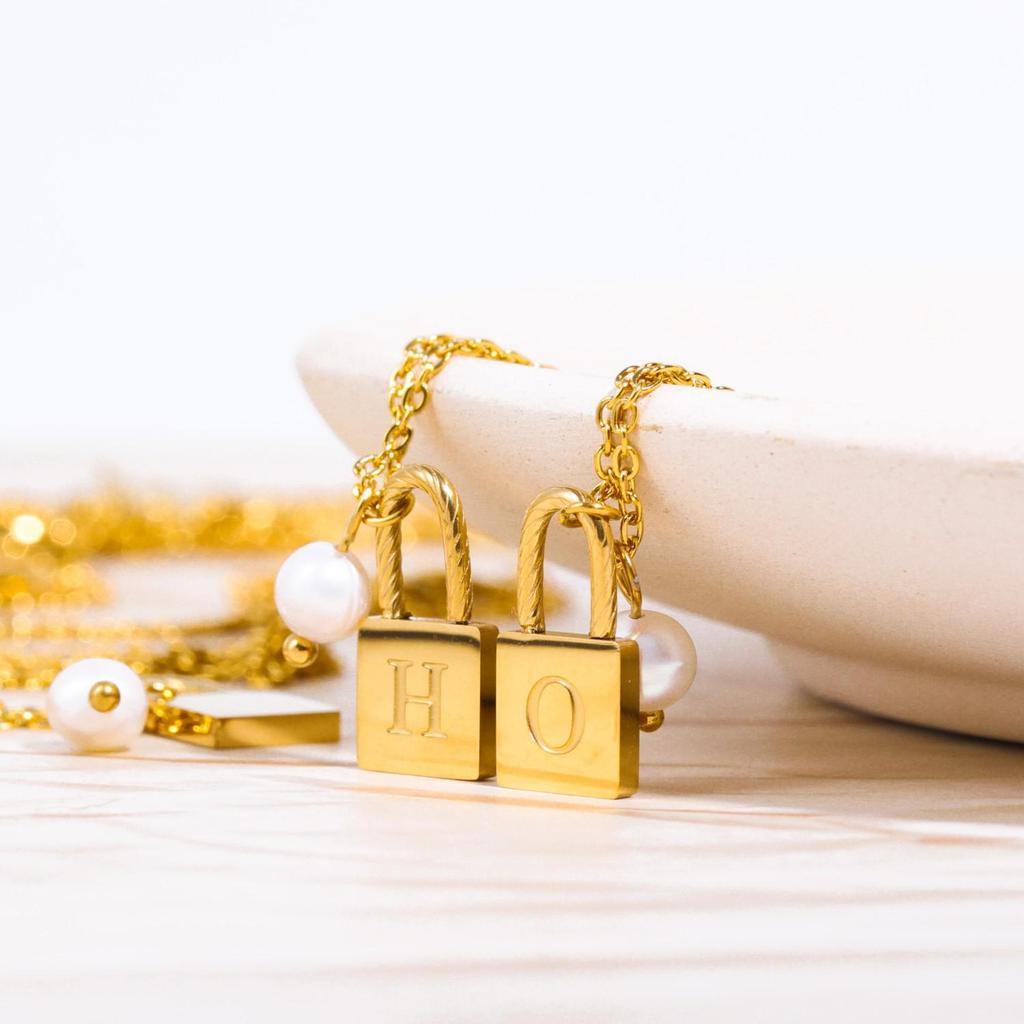 18K Gold Plated Pearl & Stainless Steel Zodiac Lock Pendant Necklace