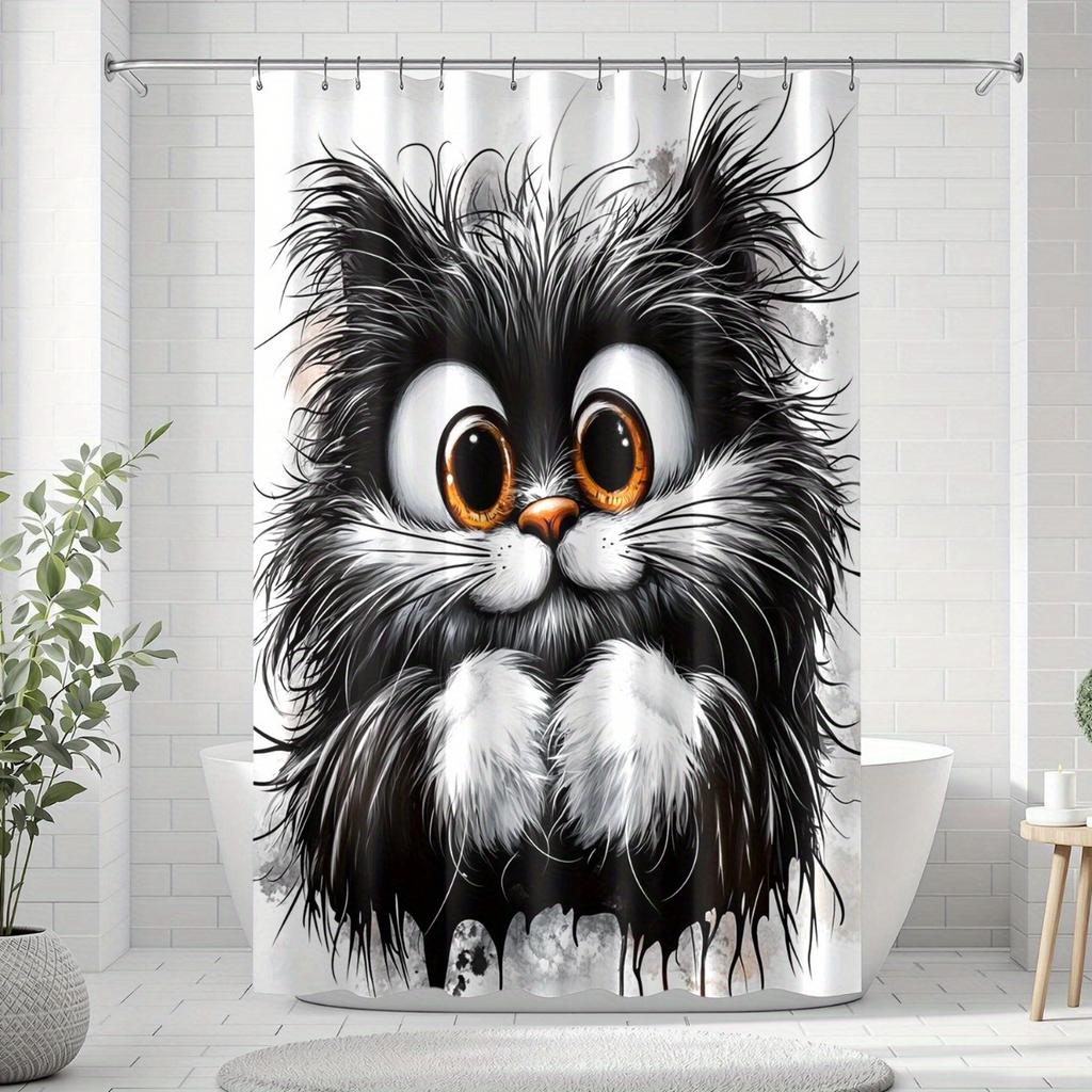 Cute Black And White Cat Shower Curtain Fluffy Kitten Art Cartoon Design Pet Lover Decor Waterproof Fabric Bath Curtain Set Home