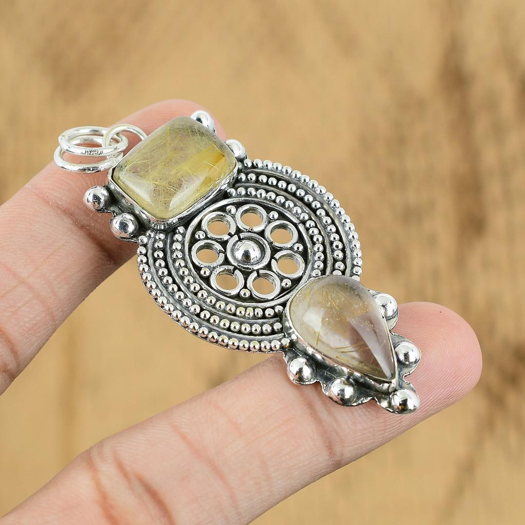 Natural Golden Rutile Gemstone Jewelry 925 Sterling Silver Pendant For Women