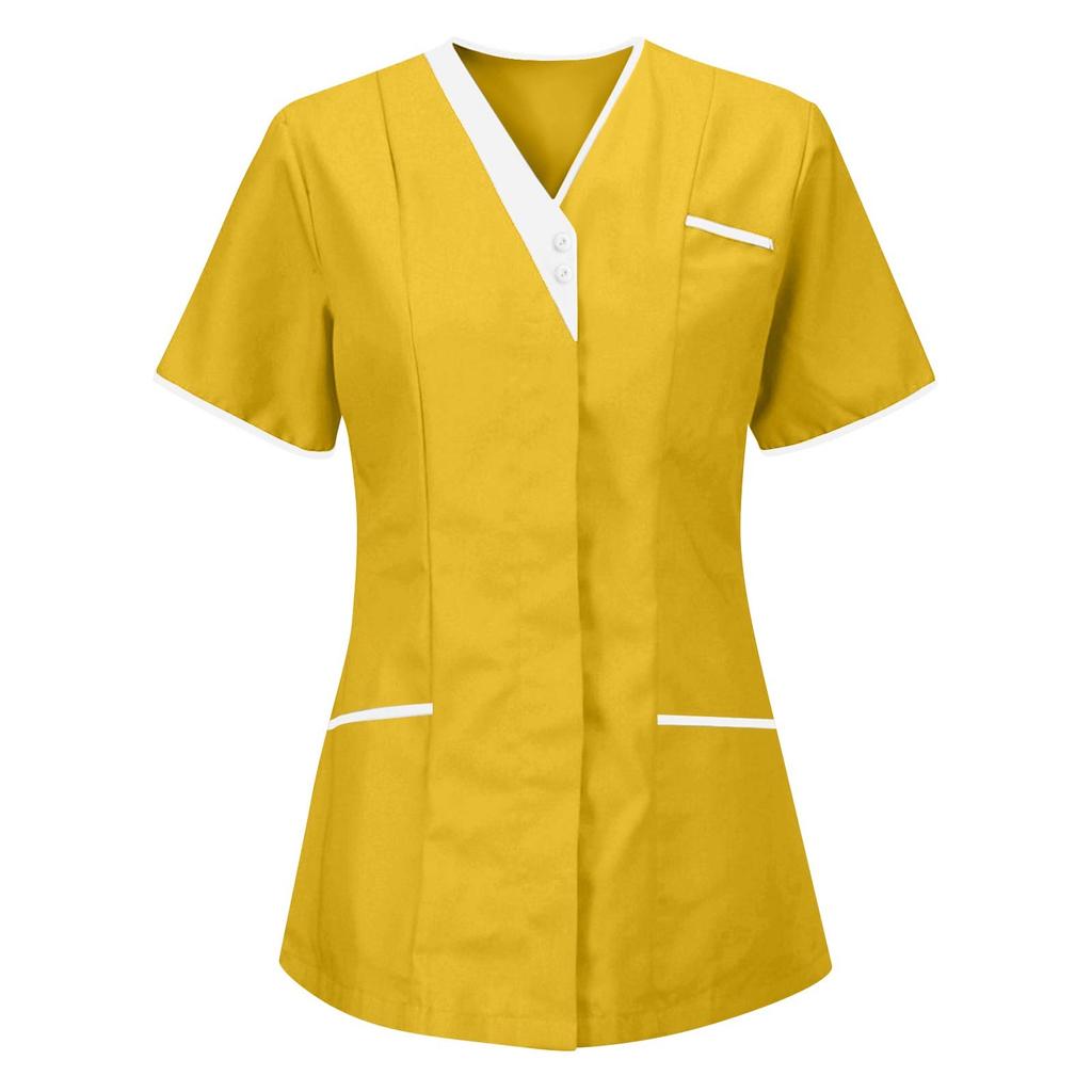 Tunic top da donna con scollo a V, maniche corte, bottoni sul davanti, tasche, finiture a contrasto, camicia uniforme da lavoro professionale