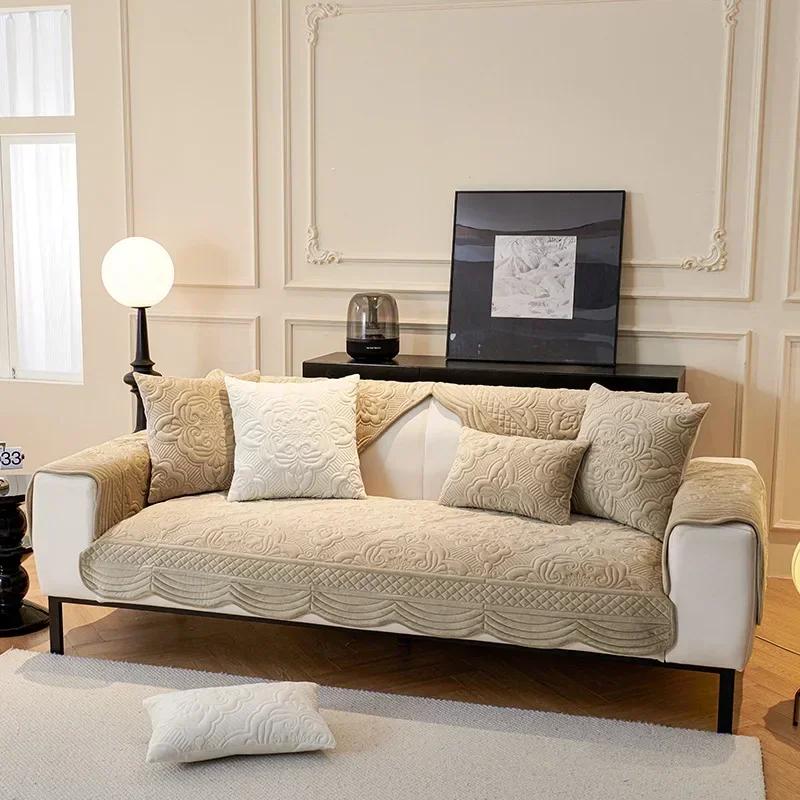 Short Plush Sofa Cushion for Autumn Winter Embossed Wave Edge Sofas Towel Pillow Cover L-shaped Sofa Cover Slip Wear Resistant