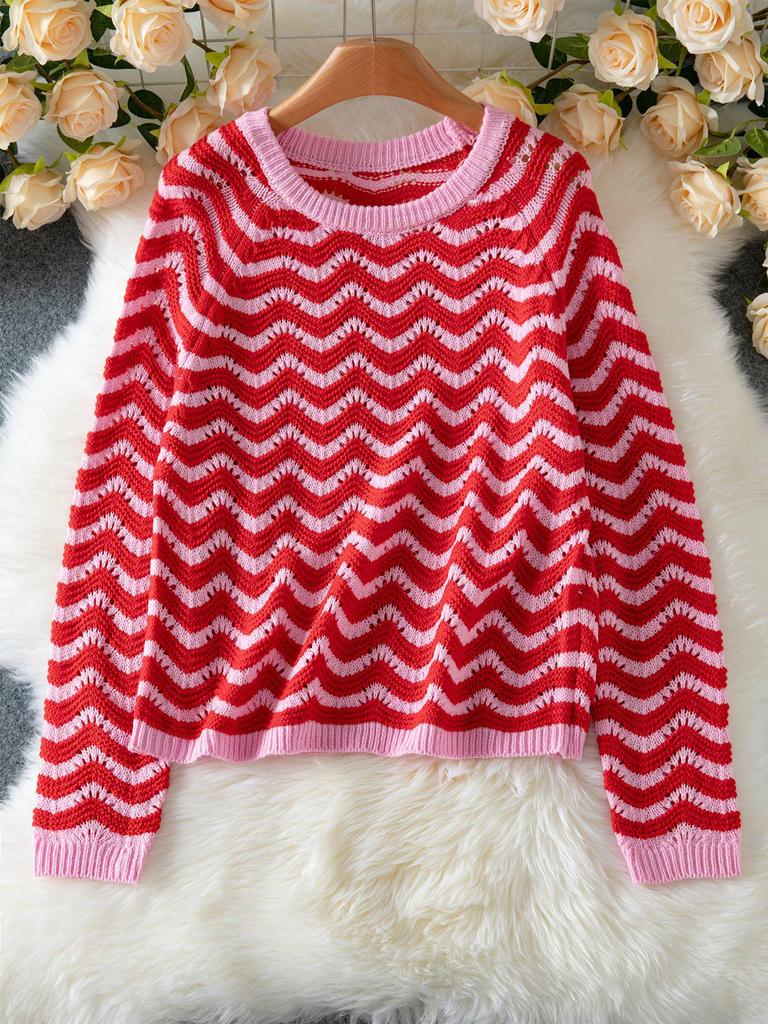 European Wave Stripe Round Neck Sweater – Women's Casual Long Sleeve Knitwear for Autumn & Winter.