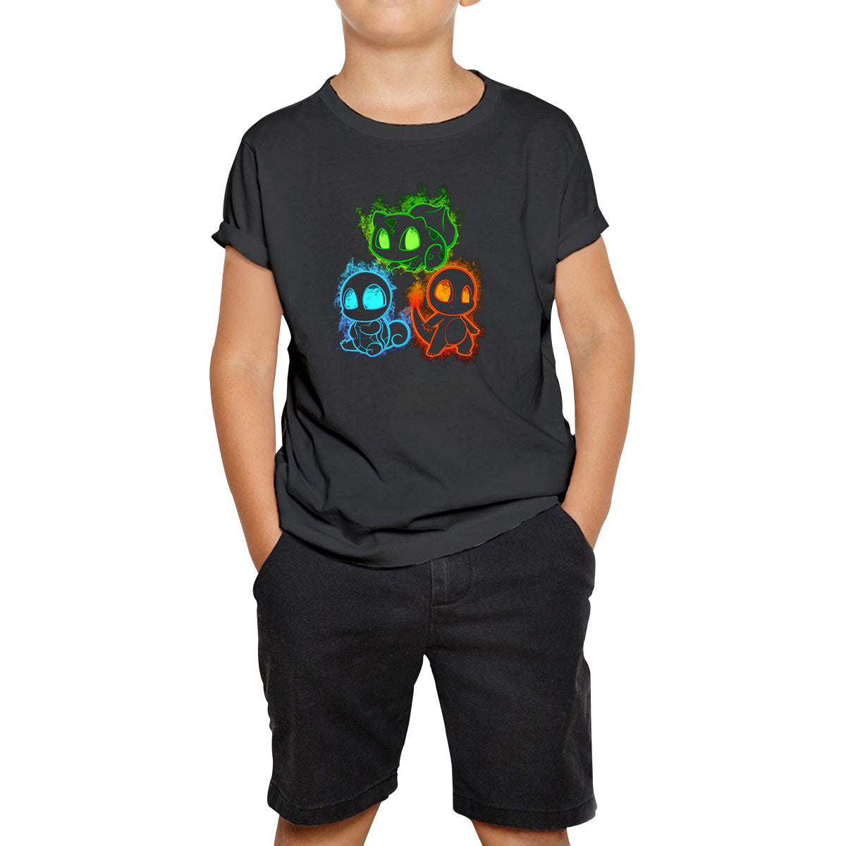 Pokemon Cool Evolutions Minimalistic Pokémon Kanto Starters Bulbasaur, Charmander, Squirtle, PikachuAndEevee Kids T Shirt 140