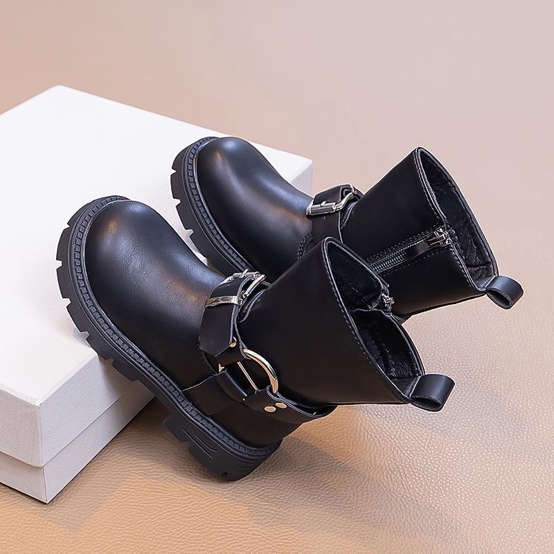 2025 Autumn/Winter Girls' Mid-Calf Leather Boots with Side Zipper and Velvet Lining