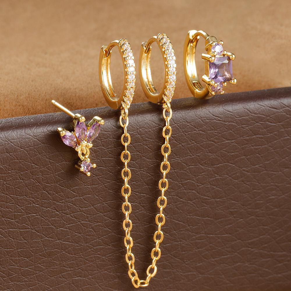 3PCS Stainless Steel Long Chain Two Hole Piercing Earrings Set for Women Tassel Horse Eye Zircon Small Hoop Earrings Jewelry
