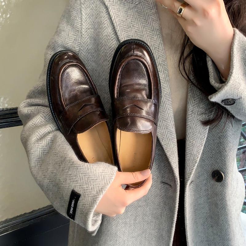 Cowhide~ Retro leather one-pedal lazy women's new handmade small leather shoes single shoes