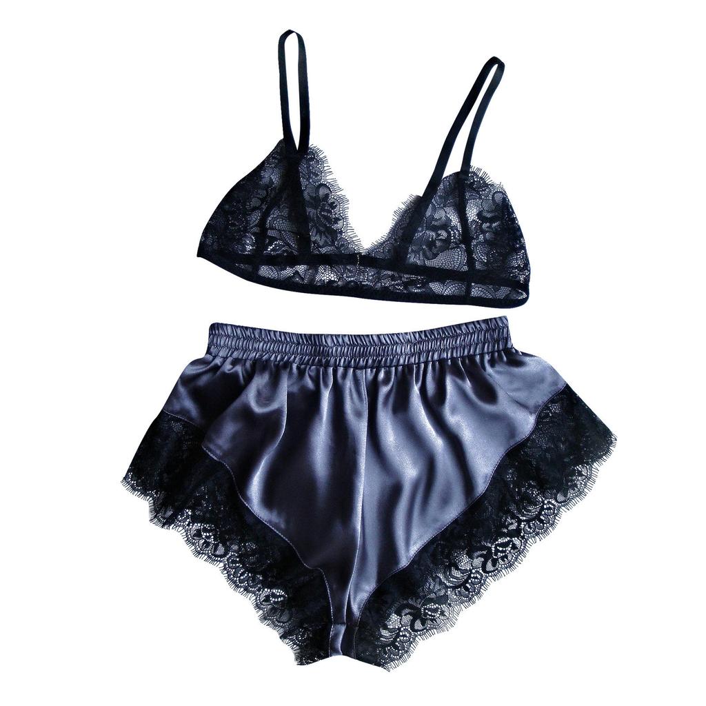 Womne Lace Sheer Elastic Camisole Satin Lace Short Lingerie Nightwear Pajama Set