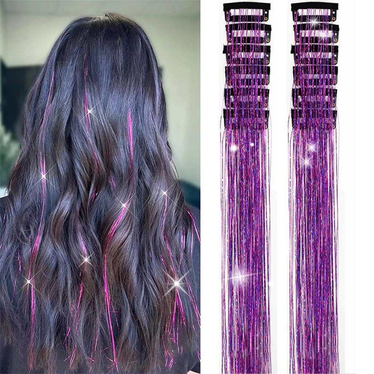 

12pcs Colorful Shiny Synthetic Sparkling Tinsel Hair Extensions for Women Braiding Tools BB Clip Wig Concert Hair Accessories фіолетовий