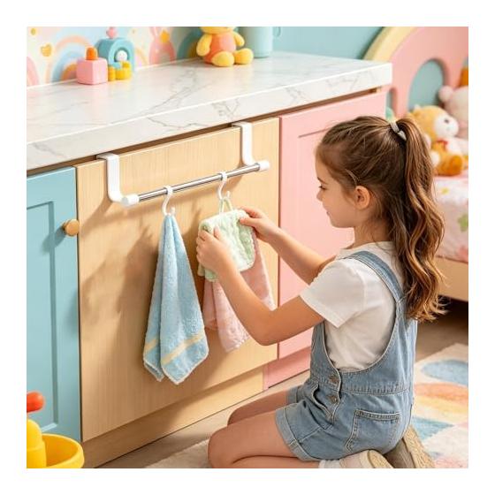 No Drill Towel Rack - Stainless Steel Over Cabinet Holder, Kitchen Door Bar, Sleek Cupboard Hanger, Safely Adjustable Over Door Organizer | Cabinet