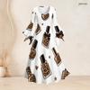 Women Plus Size Round Neck Bell Sleeve Leopard Sport Ball Print White Maxi Dress