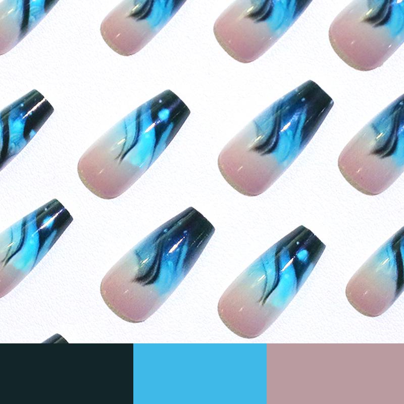 Trendy Blue Gradient Flame Medium Nail Tips – European & American Style