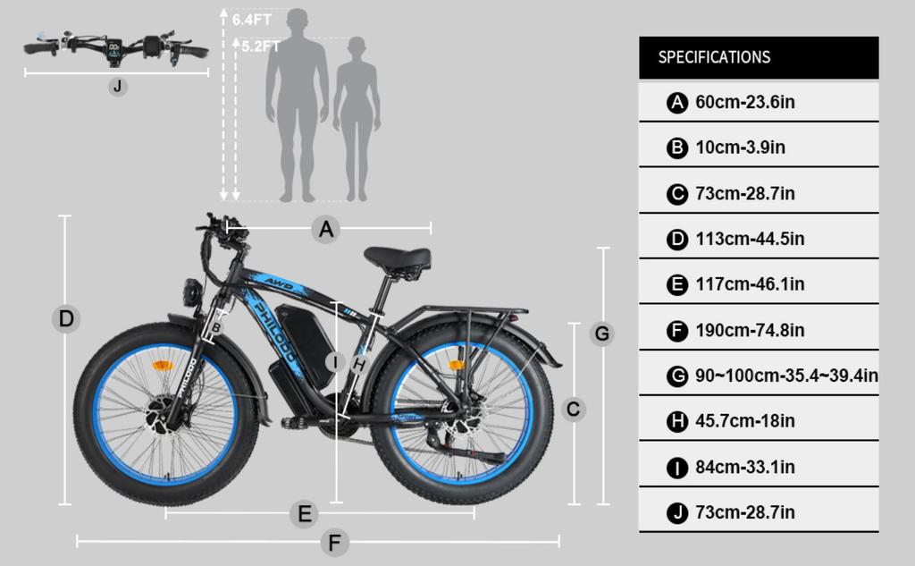 Bicicleta eléctrica PHILODO H8, motor de 3000W, batería de 48V 26Ah, velocidad máxima 56 km/h, autonomía de 100 km, neumáticos de 26x4.0 pulgadas