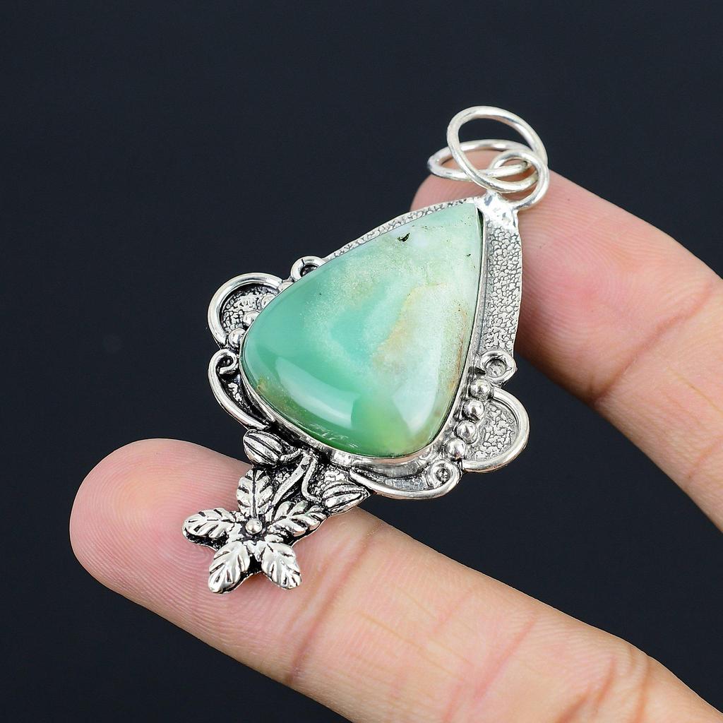 Friendship Day Deal 925 Silver Pear Chrysoprase Stone Sister Flower Boho Pendant