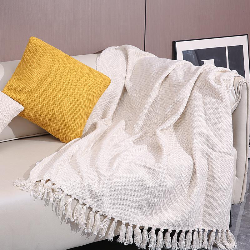 Nordic Solid Color Wool Blanket Woven Pattern Hotel Bed Tail Towel Sofa Blanket Knitted Nap Bed Cover Travel Shawl