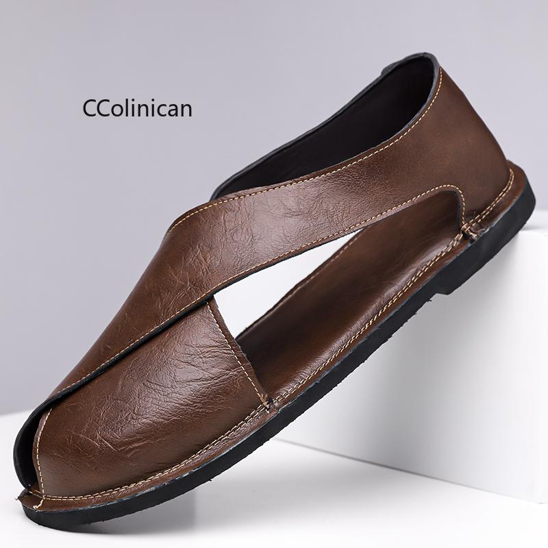 Genuine Leather Handmade Men Flat Bottom Casual Sandals Summer New Style Soft Bottom Anti-Slip Business Shoes Breathable