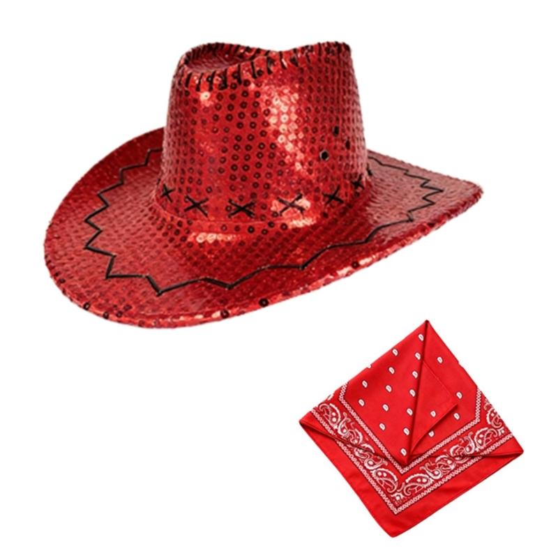 Gold Sequins Western Cowgirls Hat with Bandana Costume Set For Parties And Theme Event With Comfortable Acrylic Fabric
